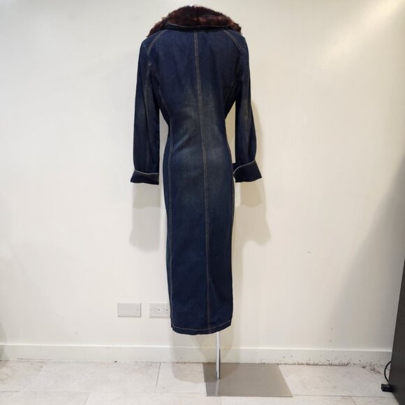 💋🦋UBER GORGE🦋 💋Maxi Sanded Dark Wash DenimTrench with Vegan Mink Fur Collar - Picture 3 of 10